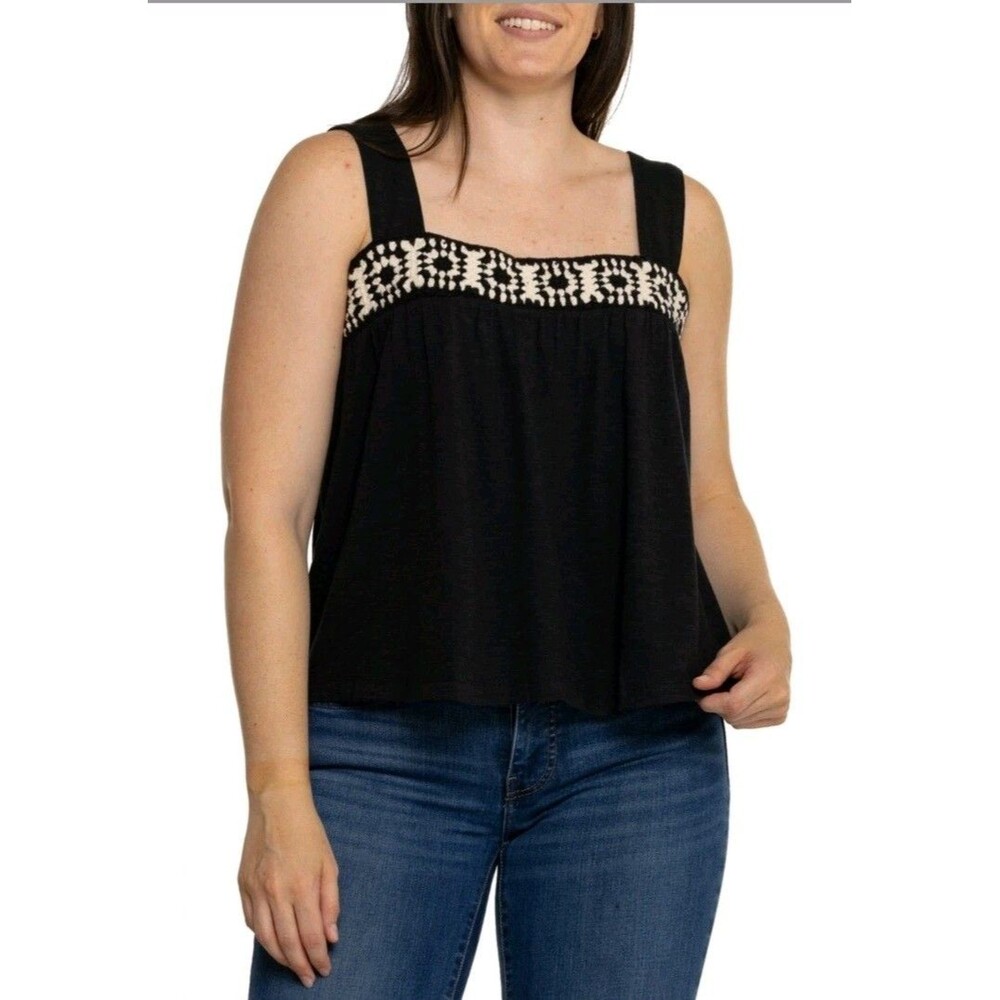 NWTs Lucky Brand Women’s Tank Top Black Cream Embroidered Crochet XL Boxy Boho